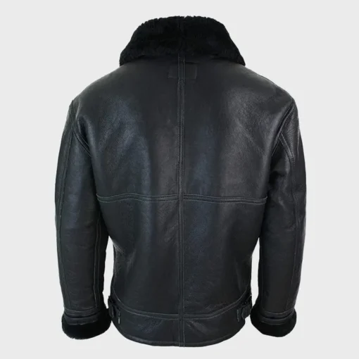 Black Shearling Leather Jacket with Collar Winter Warm Jacket