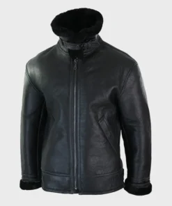 Black Shearling Leather Jacket with Collar Winter Warm Jacket