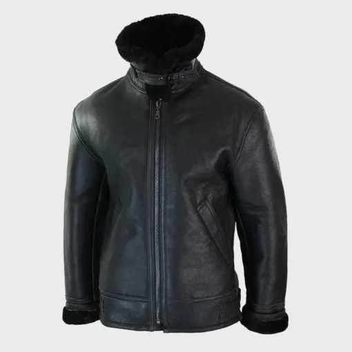 Black Shearling Leather Jacket with Collar Winter Warm Jacket
