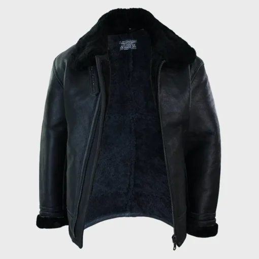 Black Shearling Leather Jacket with Collar Winter Warm Jacket