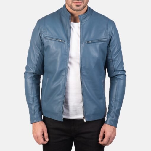Men’s Blue Leather Cafe Racer Jacket