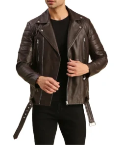 Quilted Brown Moto Leather Jacket Mens