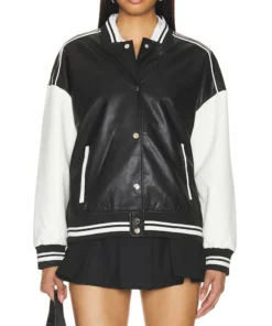 Black and White Varsity Bomber Leather Jacket Women’s
