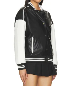 Black and White Varsity Bomber Leather Jacket Women’s