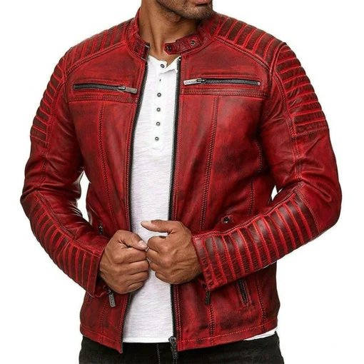 Vintage Motorcycle Cafe Racer Red Distressed Leather Jacket