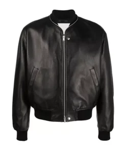 Black Zip Up Bomber Leather Jacket for Men