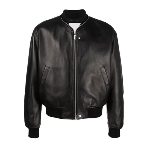 Black Zip Up Bomber Leather Jacket for Men