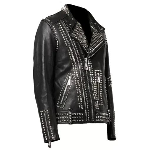 Mens Black Biker Studded Leather Jacket