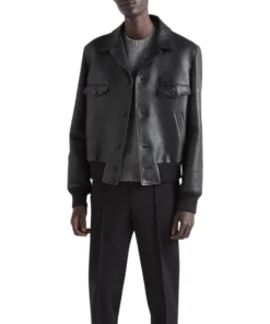 Black Textured Leather Trucker Jacket Womens