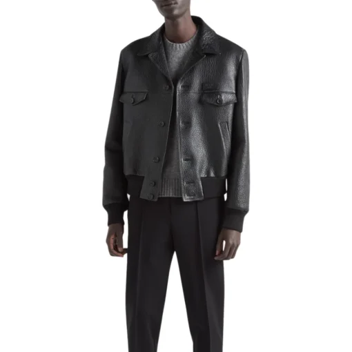 Black Textured Leather Trucker Jacket Womens