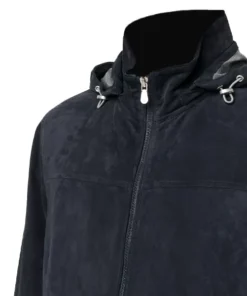 Mens Navy Blue Suede Leather Jacket With Hood