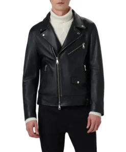 Charles Black Leather Biker Jacket With Snap Belt Loops