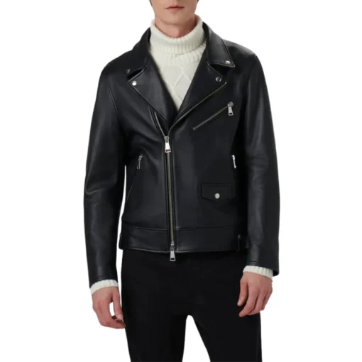 Charles Black Leather Biker Jacket With Snap Belt Loops