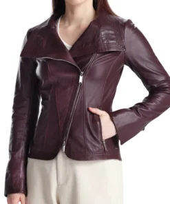 Womens Eggplant Maroon Wide Collar Leather Biker Jacket