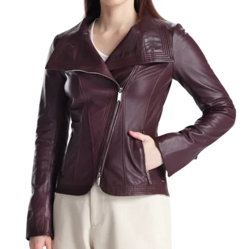 Womens Eggplant Maroon Wide Collar Leather Biker Jacket