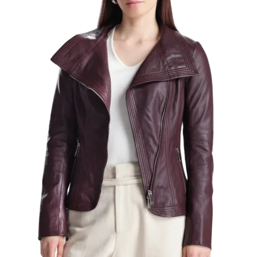 Womens Eggplant Maroon Wide Collar Leather Biker Jacket