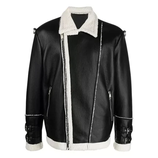 Men Black Shearling Faux Leather Jacket