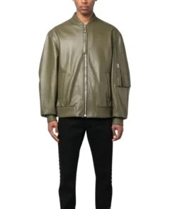Khaki Green Mens Jacket Leather Bomber