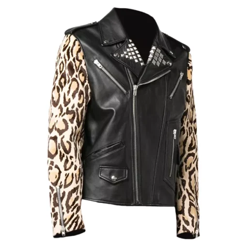 Mens Leopard Print Biker Leather Jacket