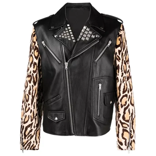 Mens Leopard Print Biker Leather Jacket