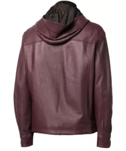 Mens Maroon Hooded Leather Zip Up Jacket