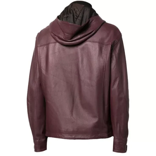 Mens Maroon Hooded Leather Zip Up Jacket