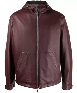 Mens Maroon Hooded Leather Zip Up Jacket