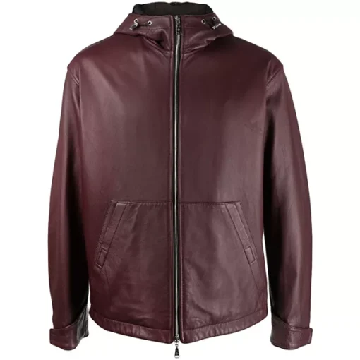 Mens Maroon Hooded Leather Zip Up Jacket
