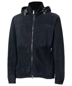Mens Navy Blue Suede Leather Jacket With Hood