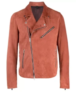 Mens Orange Suede Moto Asymmetrical Collar Jacket