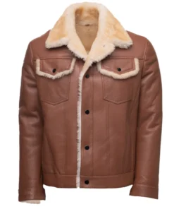 Brown Shearling Leather Trucker Jacket Mens