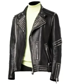 Mens Black Biker Studded Leather Jacket