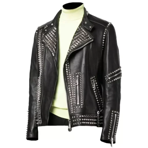 Mens Black Biker Studded Leather Jacket