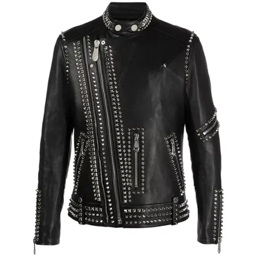 Mens Black Biker Studded Leather Jacket