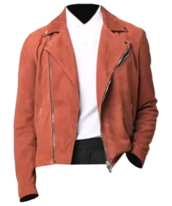 Mens Orange Suede Moto Asymmetrical Collar Jacket