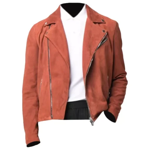 Mens Orange Suede Moto Asymmetrical Collar Jacket