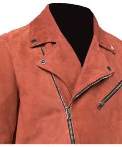 Mens Orange Suede Moto Asymmetrical Collar Jacket