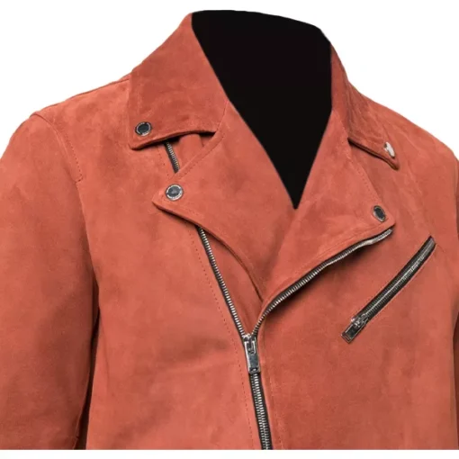 Mens Orange Suede Moto Asymmetrical Collar Jacket