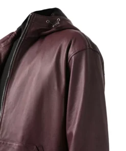 Mens Maroon Hooded Leather Zip Up Jacket