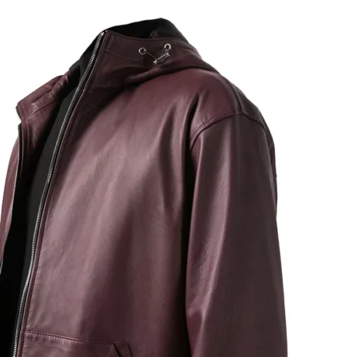 Mens Maroon Hooded Leather Zip Up Jacket