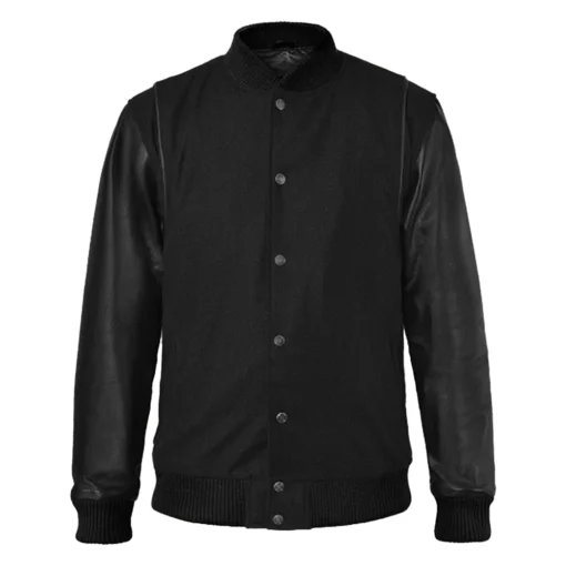 Men’s Black Cotton Varsity Jacket With Leather Sleeves