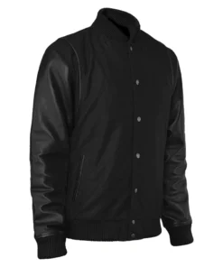 Men’s Black Cotton Varsity Jacket With Leather Sleeves