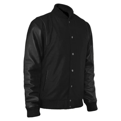 Men’s Black Cotton Varsity Jacket With Leather Sleeves