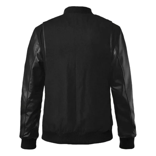 Men’s Black Cotton Varsity Jacket With Leather Sleeves