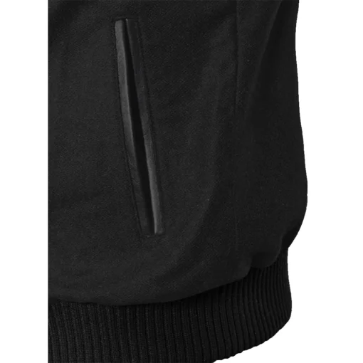 Men’s Black Cotton Varsity Jacket With Leather Sleeves