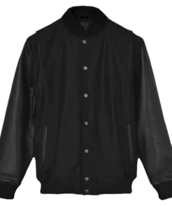 Men’s Black Cotton Varsity Jacket With Leather Sleeves