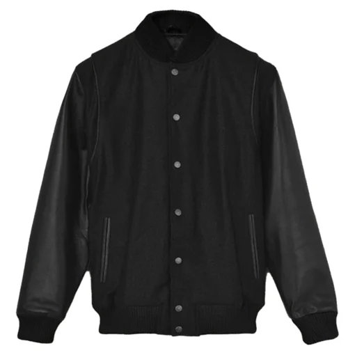 Men’s Black Cotton Varsity Jacket With Leather Sleeves