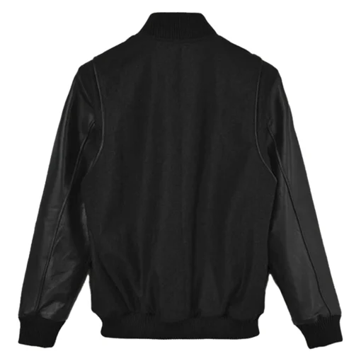 Men’s Black Cotton Varsity Jacket With Leather Sleeves