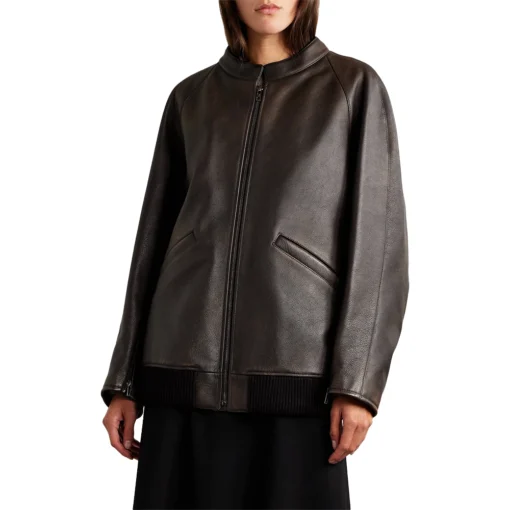 Distressed Brown Leather Bomber Jacket Women