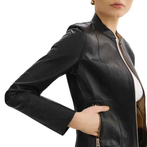 Womens Black Reversible Leather Bomber Jacket
